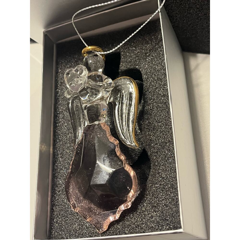 Crystal Glass Angel Ornament Holiday Chandelier Clear Pink Prism Figurine Box